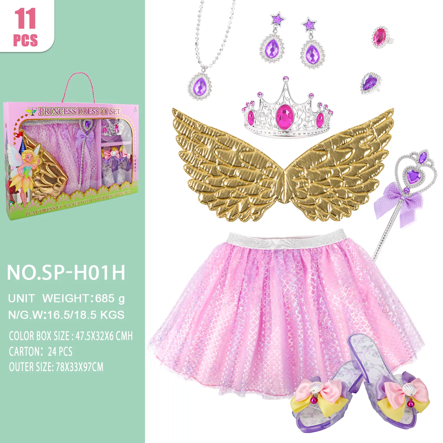 SP-H01H Gold Angel Wings Pink Mermaid Tutu Costume