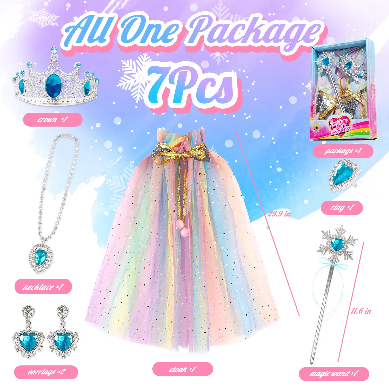SP10-2A Rainbow Princess Star Glitter Tulle Cape Set