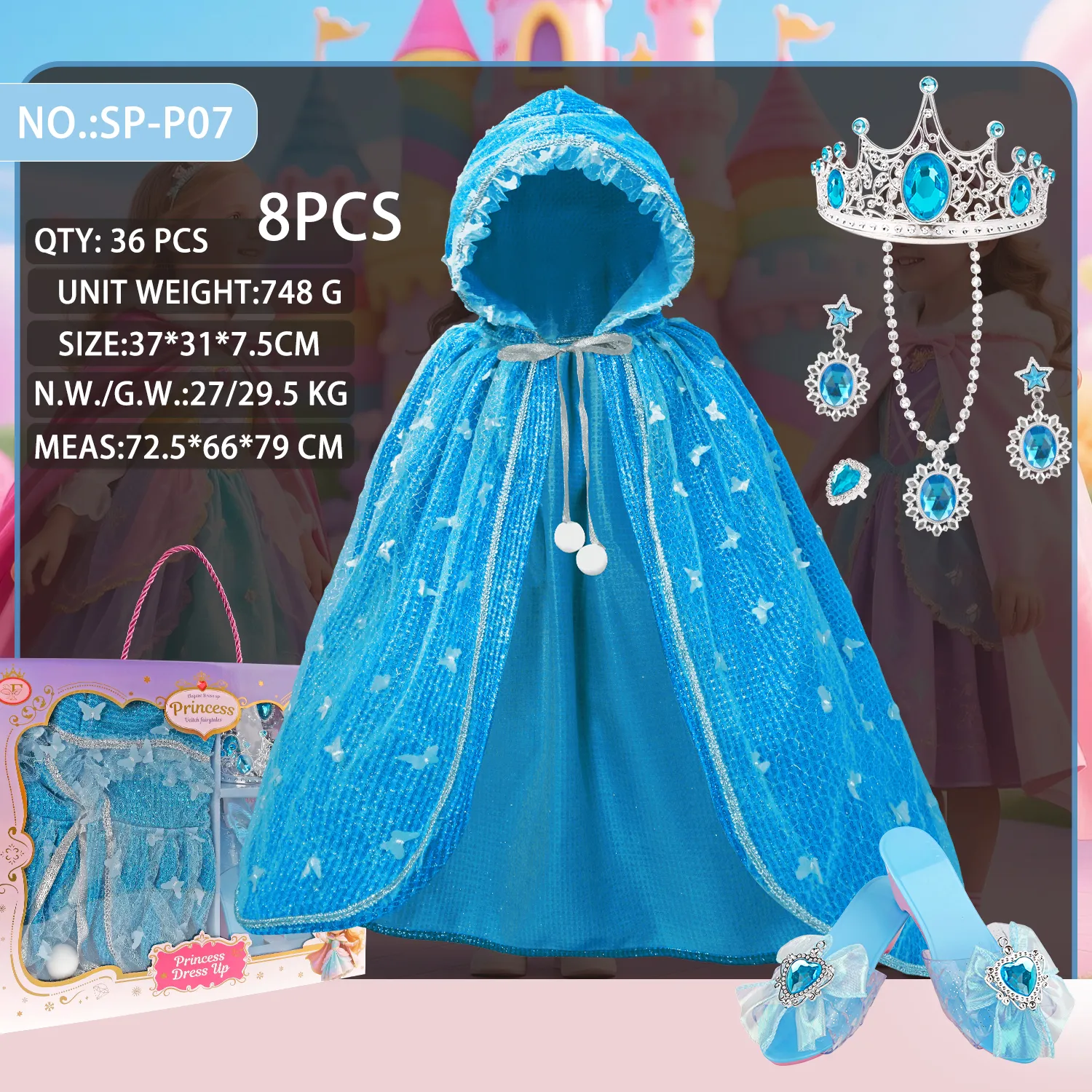 SP-P07 Blue Princess Butterfly Glitter Mesh Hooded Cape Set