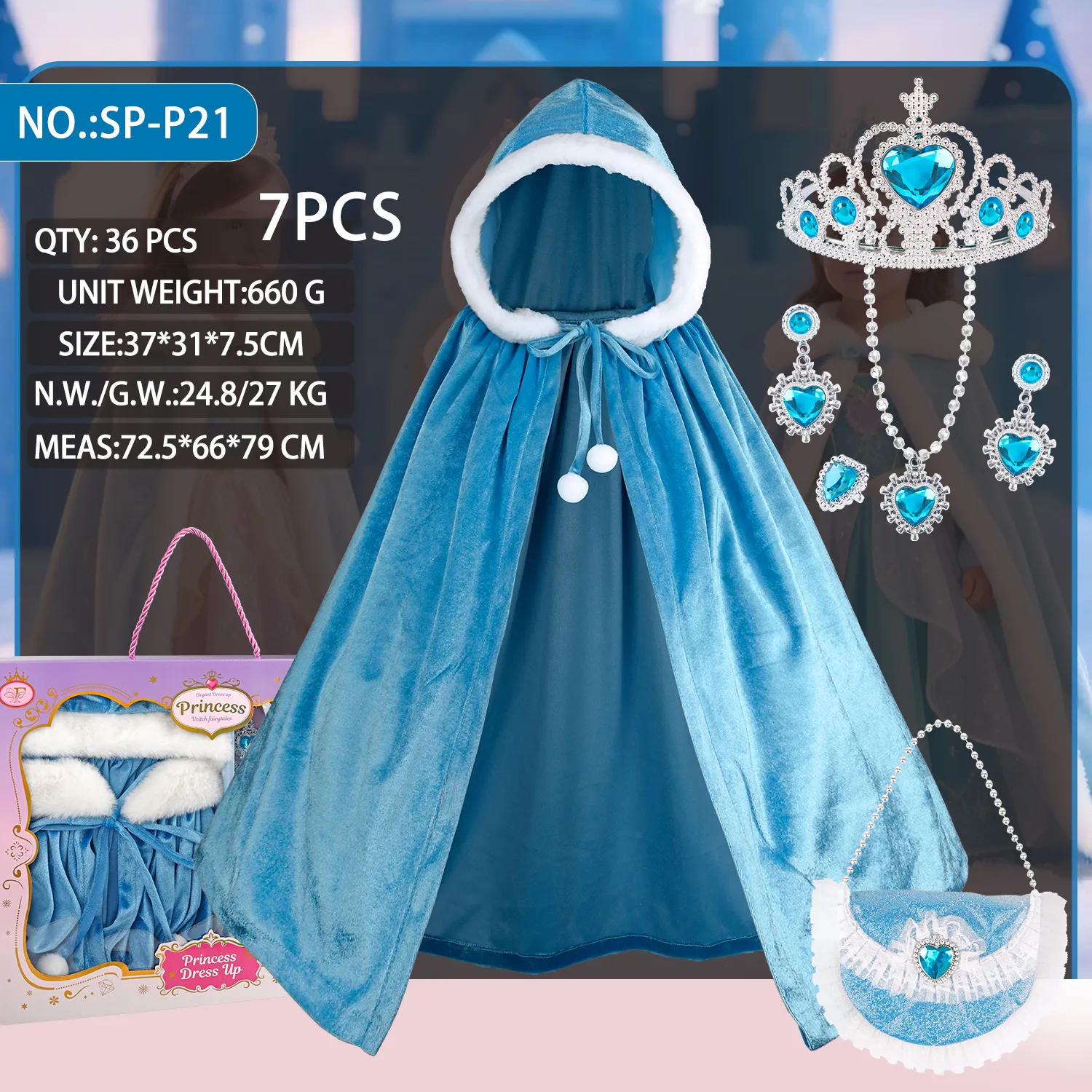 SP-P21 Blue Princess Velvet Hooded Cape Set