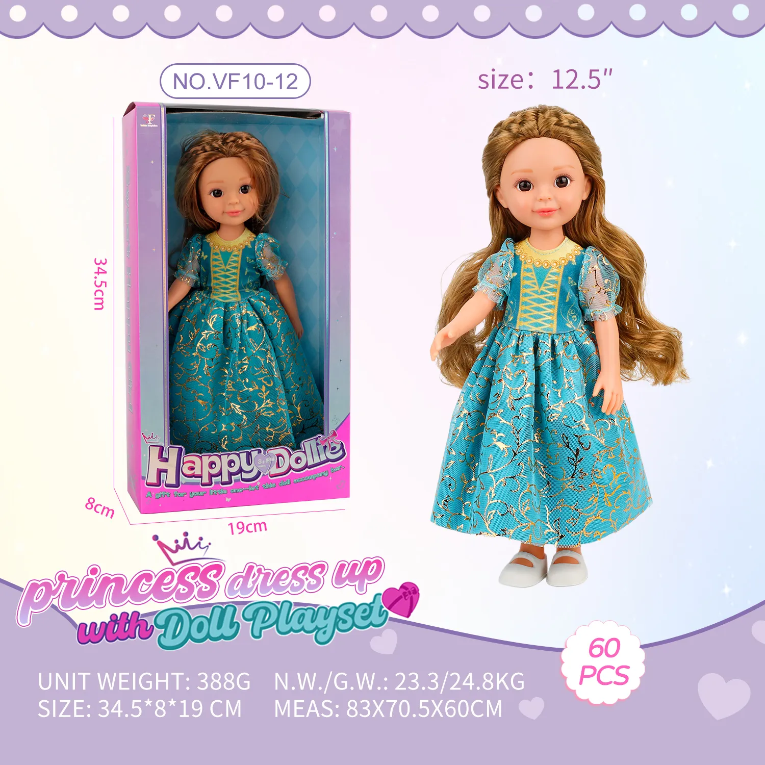 Doll in Dark Green Vintage-Style Princess Gown